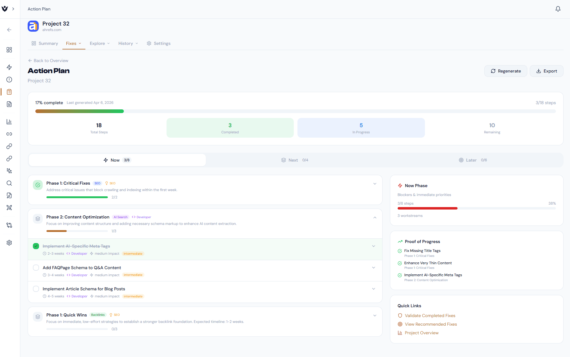 Vantacron AI action plan view with phased fixes, progress bar, and per-step effort/impact scoring