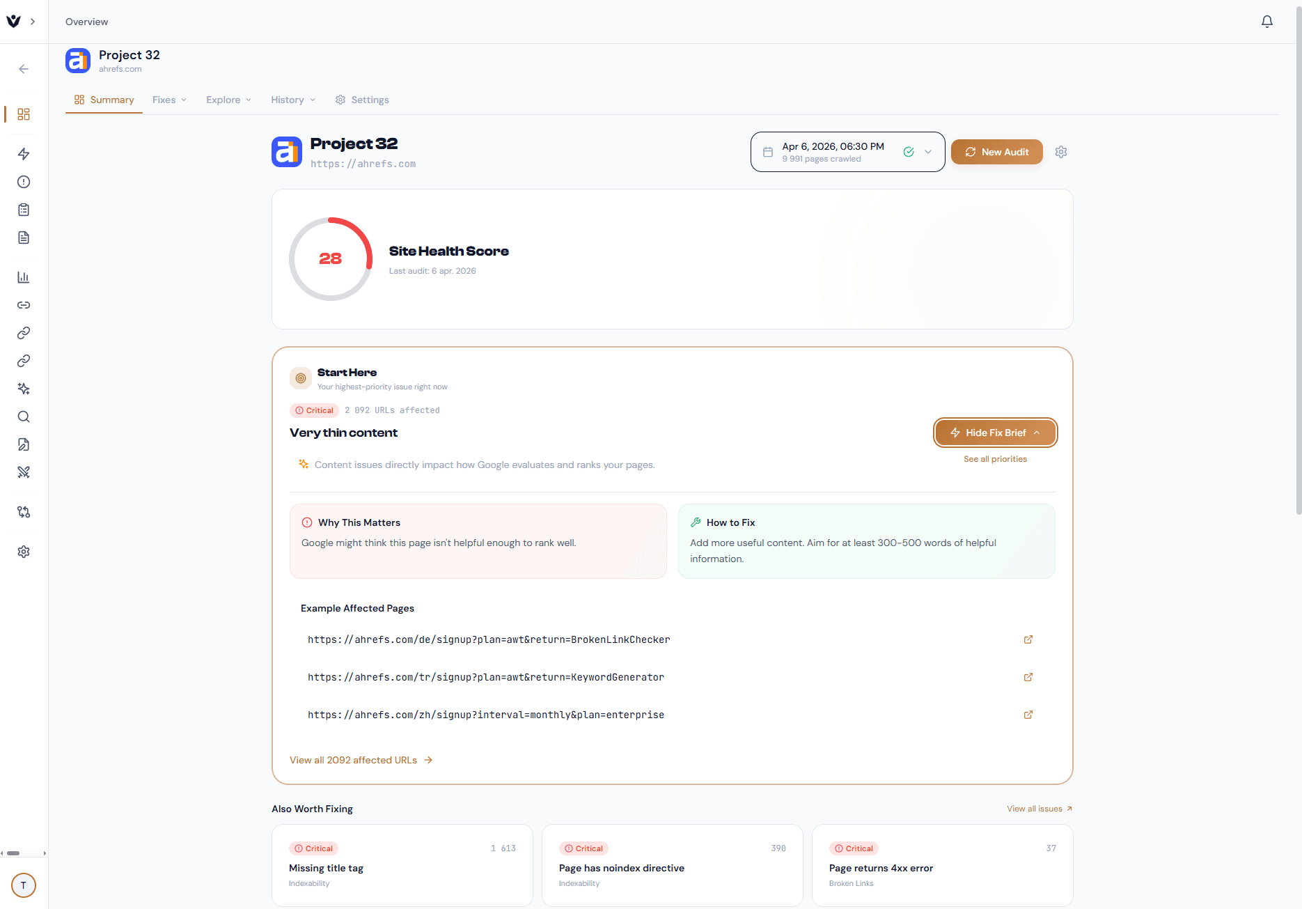 Vantacron project overview showing Site Health Score, Start Here brief, and critical issue summary